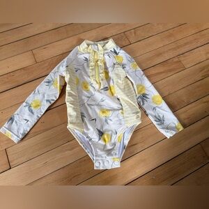 Jessica Simpson yellow striped fruit print tropical long sleeve 1 piece swimsuit